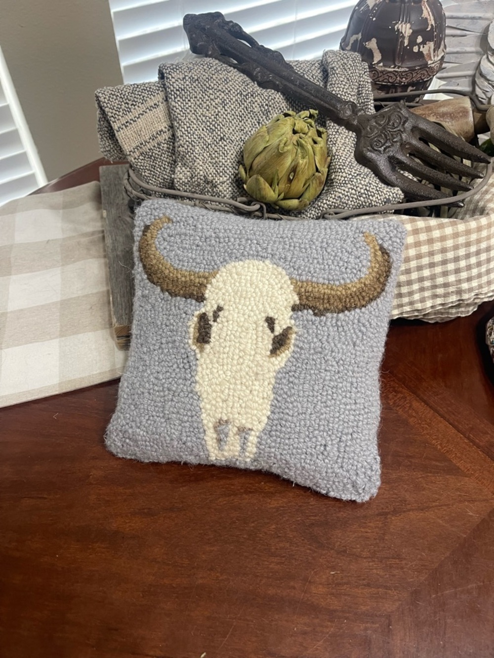 Peking Handicraft  Blown Filled Hook Pillow, 8-inch Square,Cow Skull
